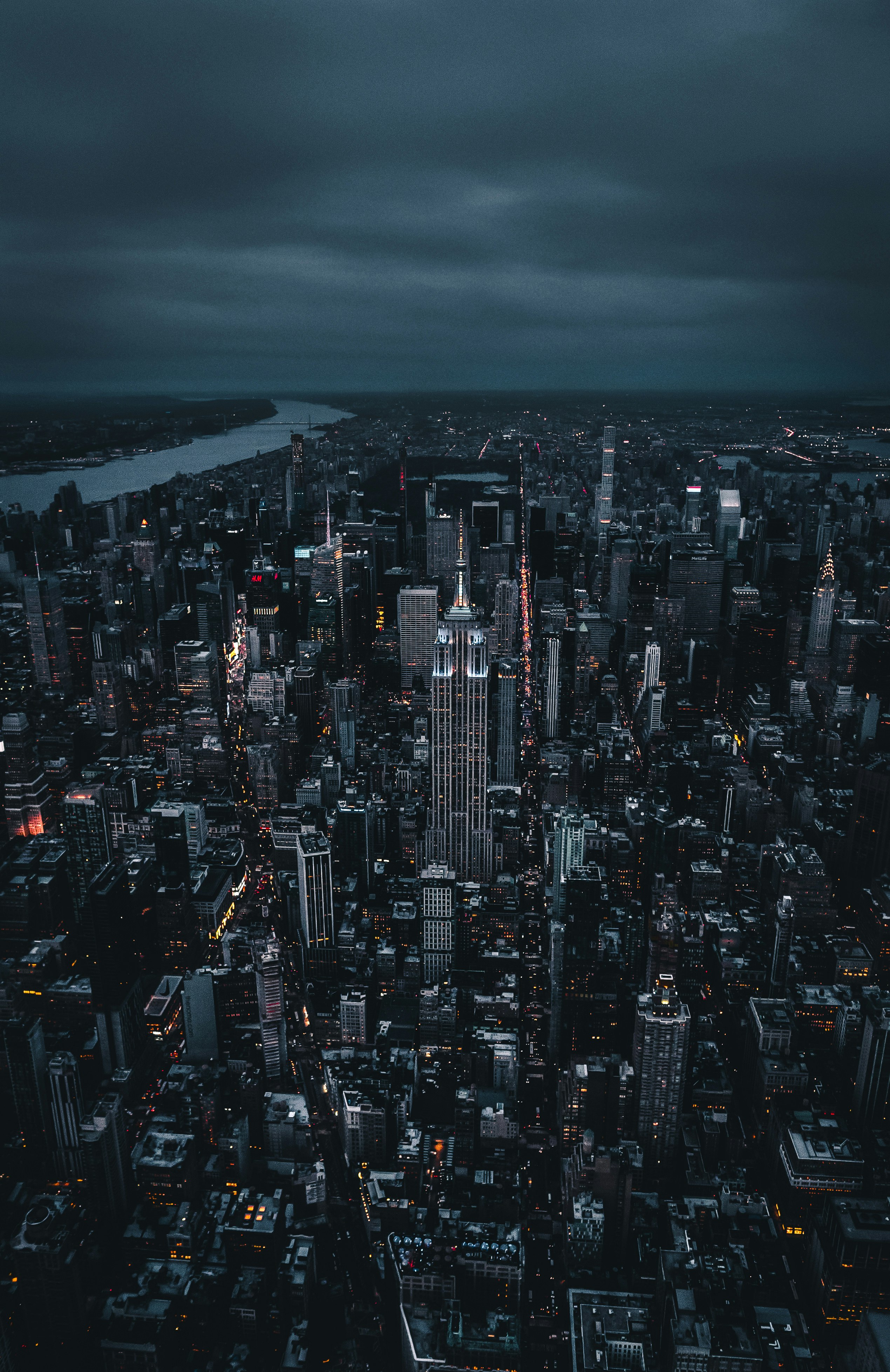aerial photo of city skyline at night